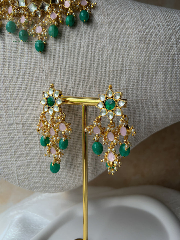 Calm Florals in Pink & Green Necklace Sets THE KUNDAN SHOP 