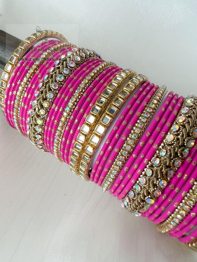 Iridescent Center Stones in Fuchsia Pink Bangles THE KUNDAN SHOP 