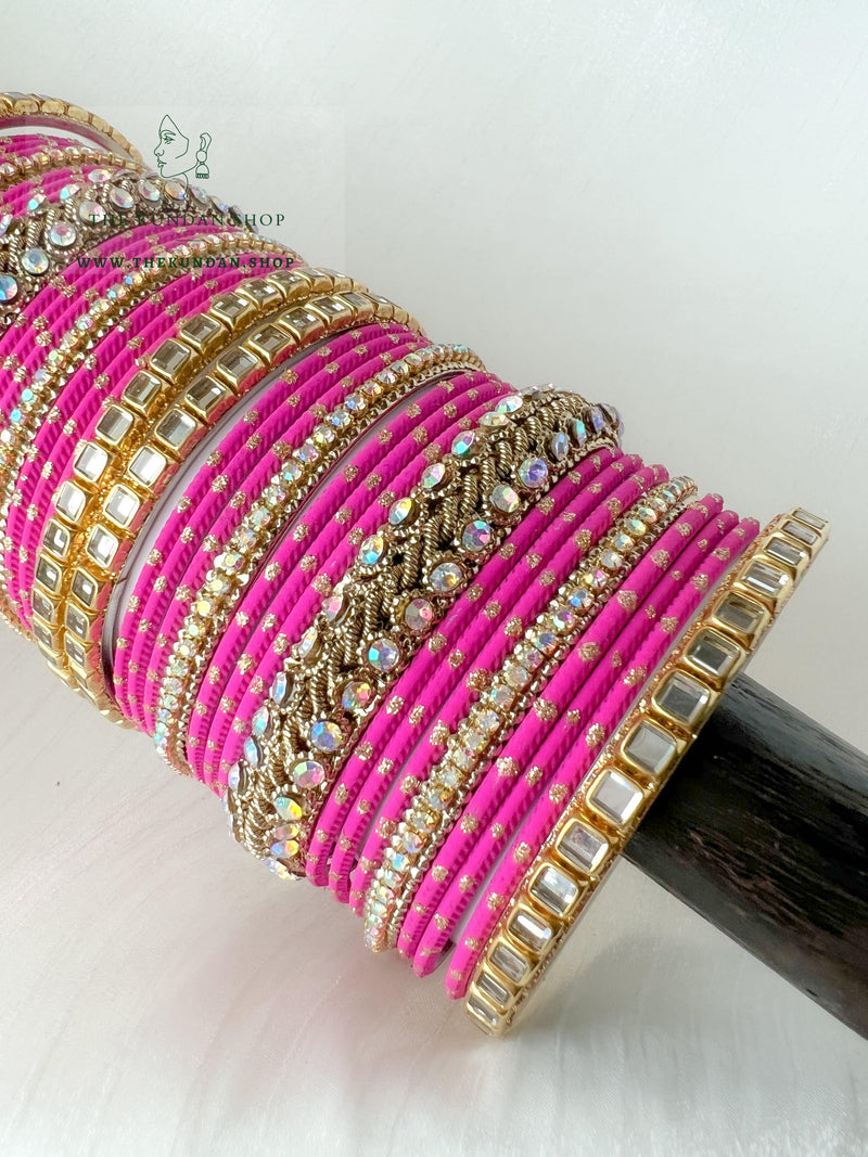 Iridescent Center Stones in Fuchsia Pink Bangles THE KUNDAN SHOP 