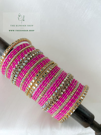 Iridescent Center Stones in Fuchsia Pink Bangles THE KUNDAN SHOP 