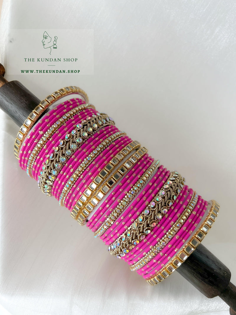 Iridescent Center Stones in Fuchsia Pink Bangles THE KUNDAN SHOP 