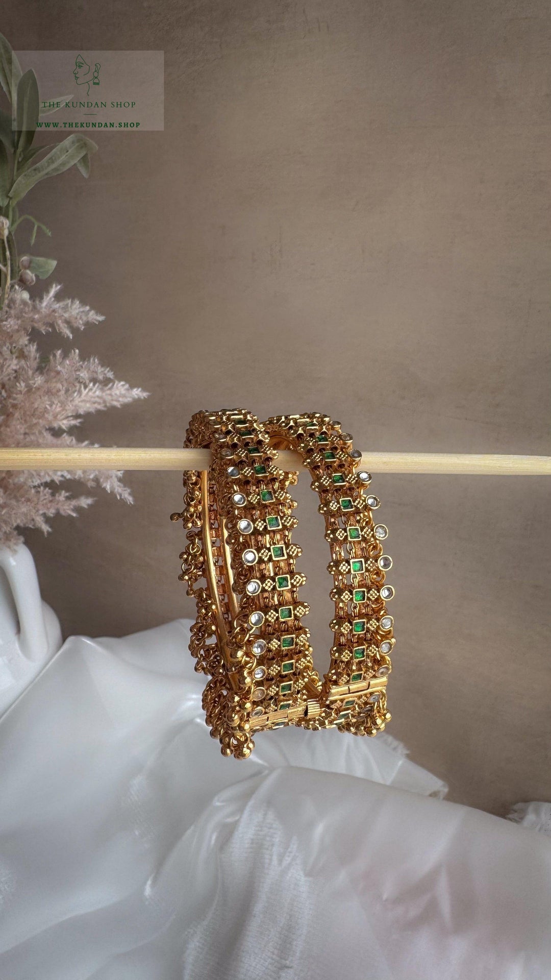Golden Clusters in Emerald Bangles THE KUNDAN SHOP 