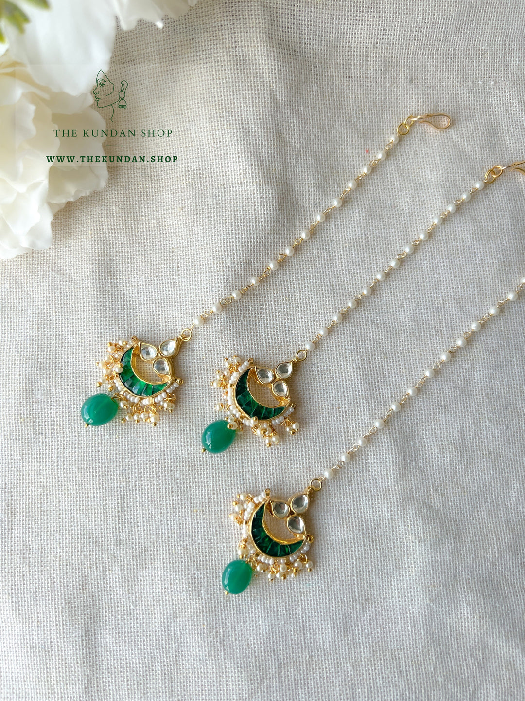 Halfmoon Mini Tikka in Green Maangtikka THE KUNDAN SHOP 