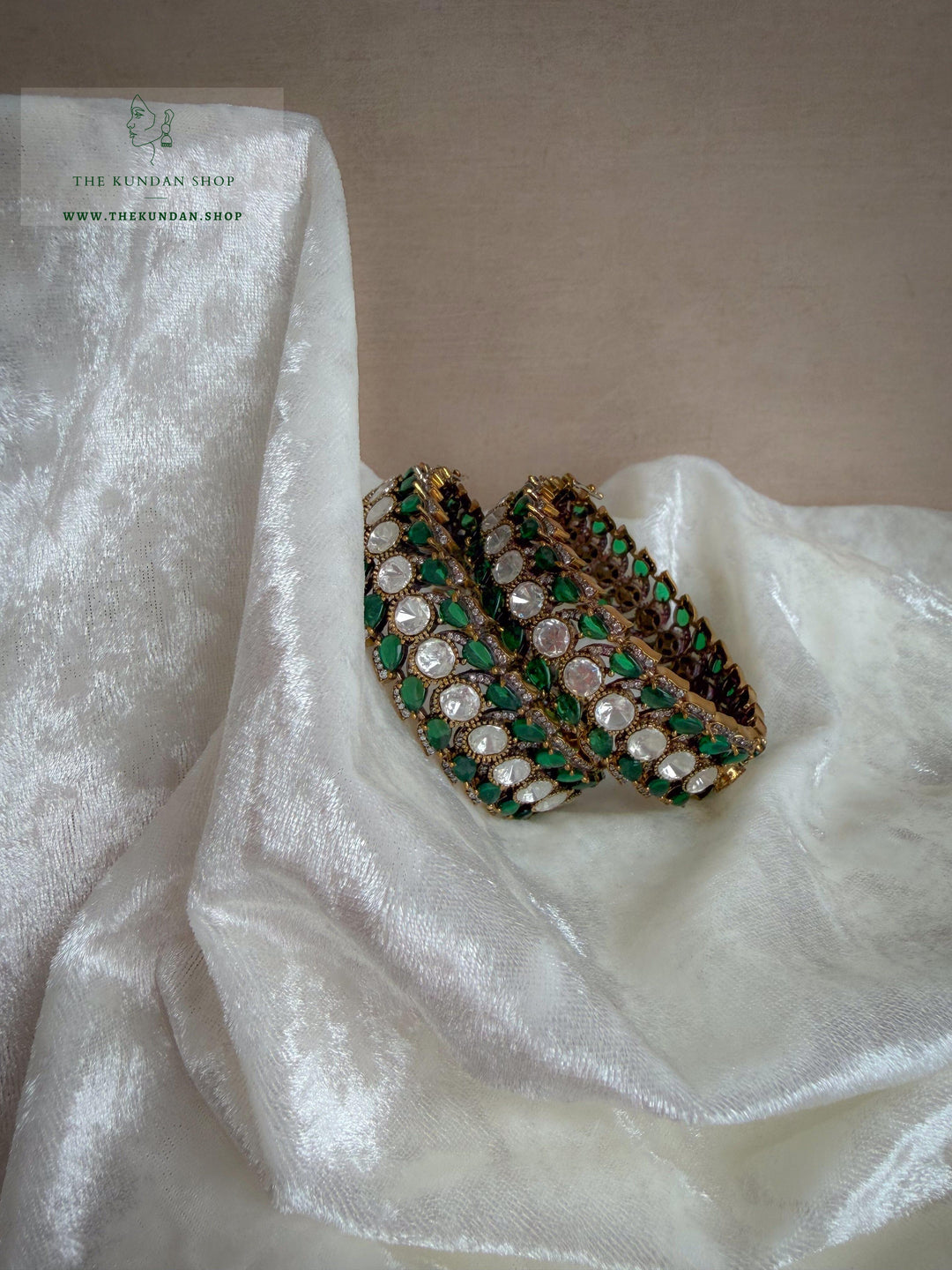Green Details in Moissanite Bangles THE KUNDAN SHOP 