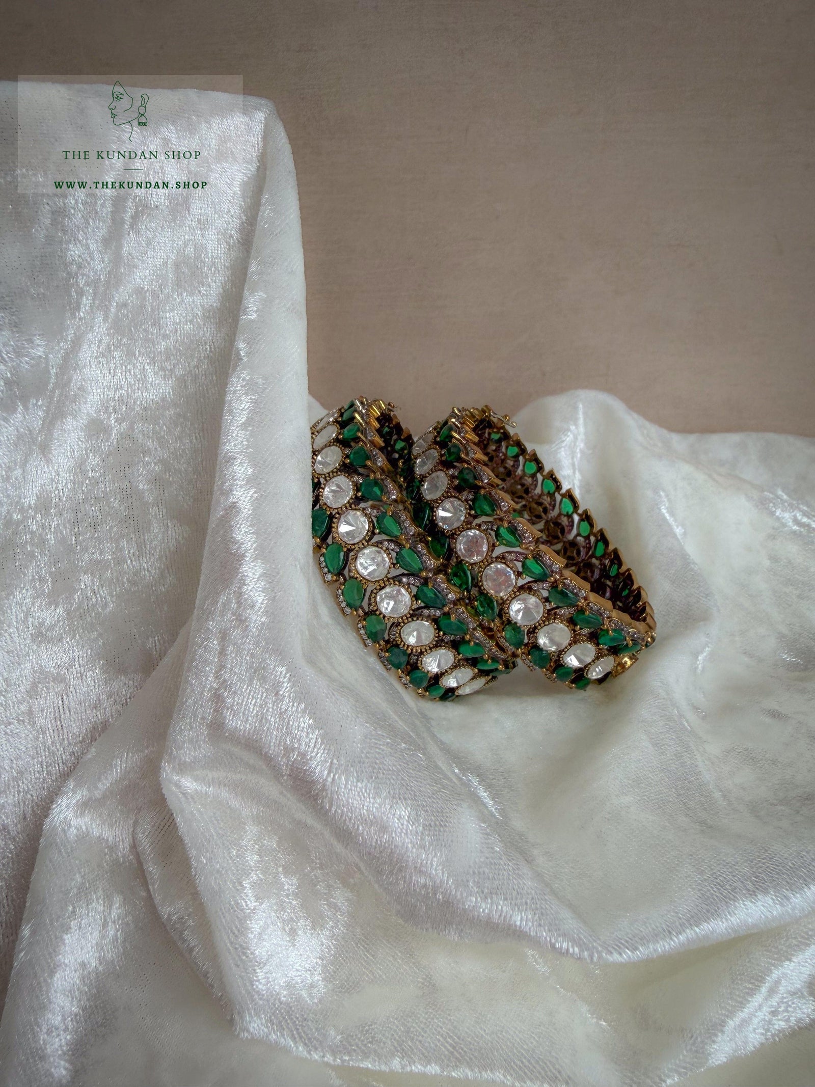Green Details in Moissanite Bangles THE KUNDAN SHOP 