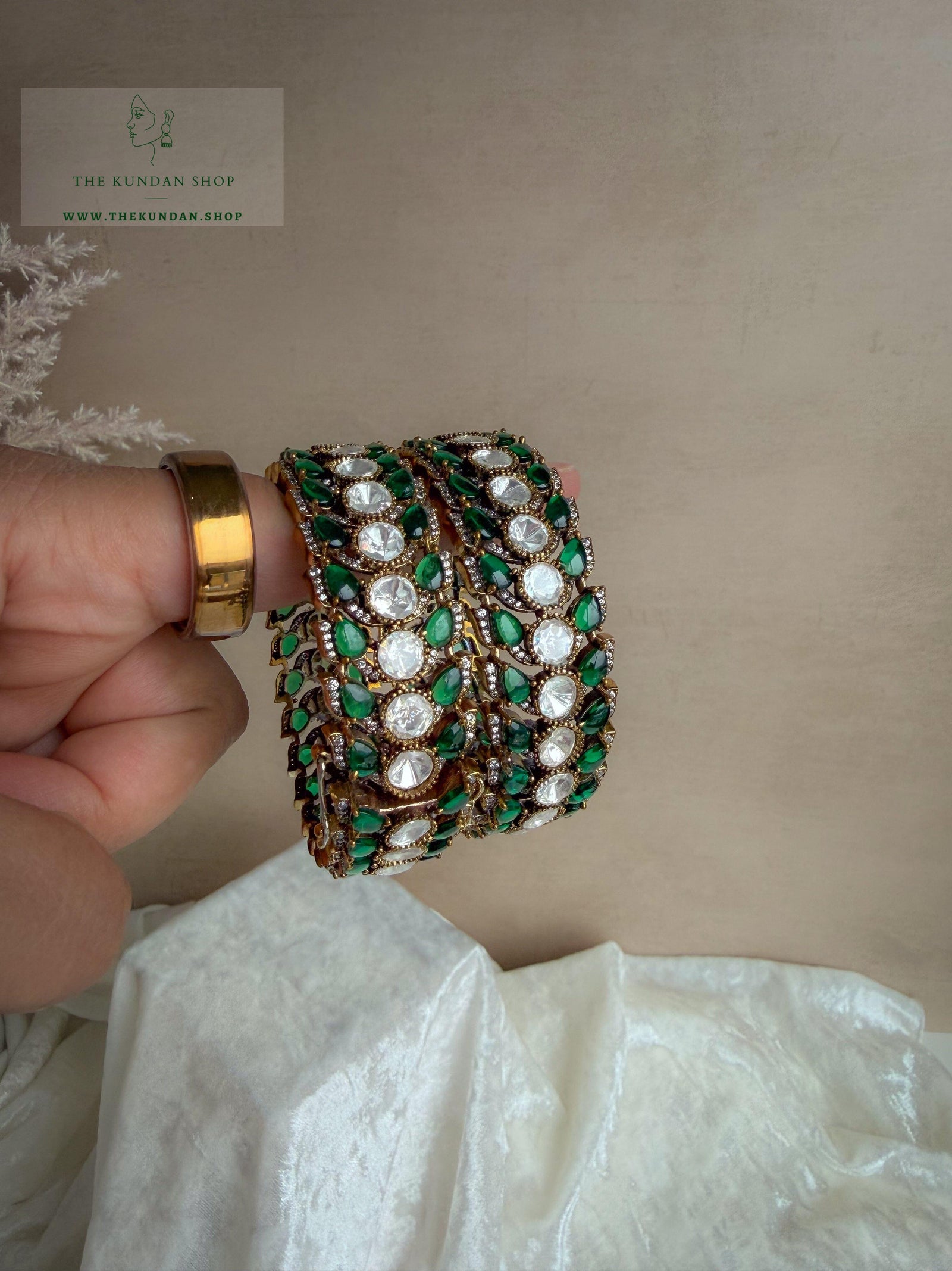 Green Details in Moissanite Bangles THE KUNDAN SHOP 