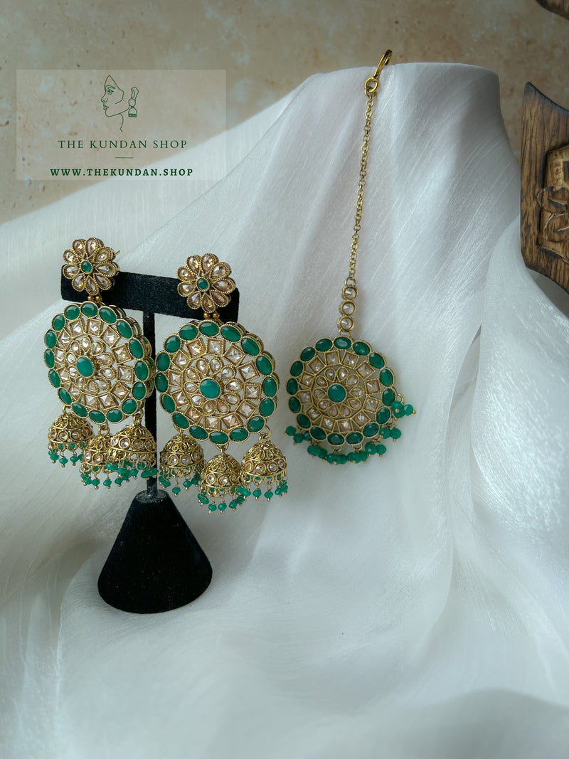 Willing in Green Earrings + Tikka THE KUNDAN SHOP 