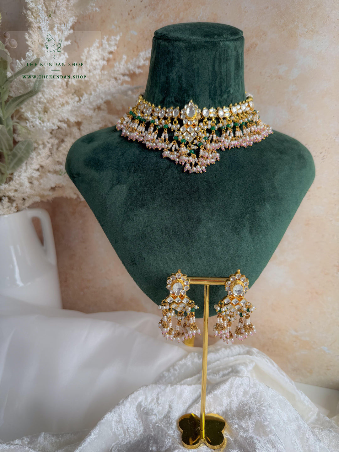 Floral Kundan in Pink &amp; Green Necklace Sets THE KUNDAN SHOP 