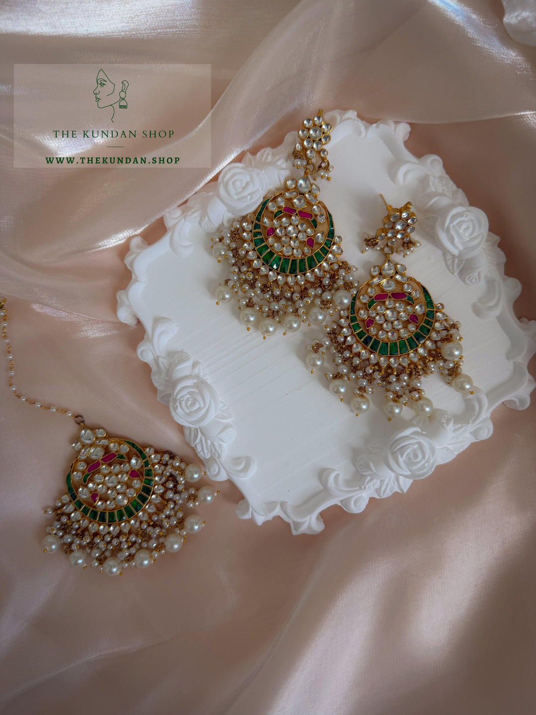 Persistence in Pink &amp; Green Earrings + Tikka THE KUNDAN SHOP 