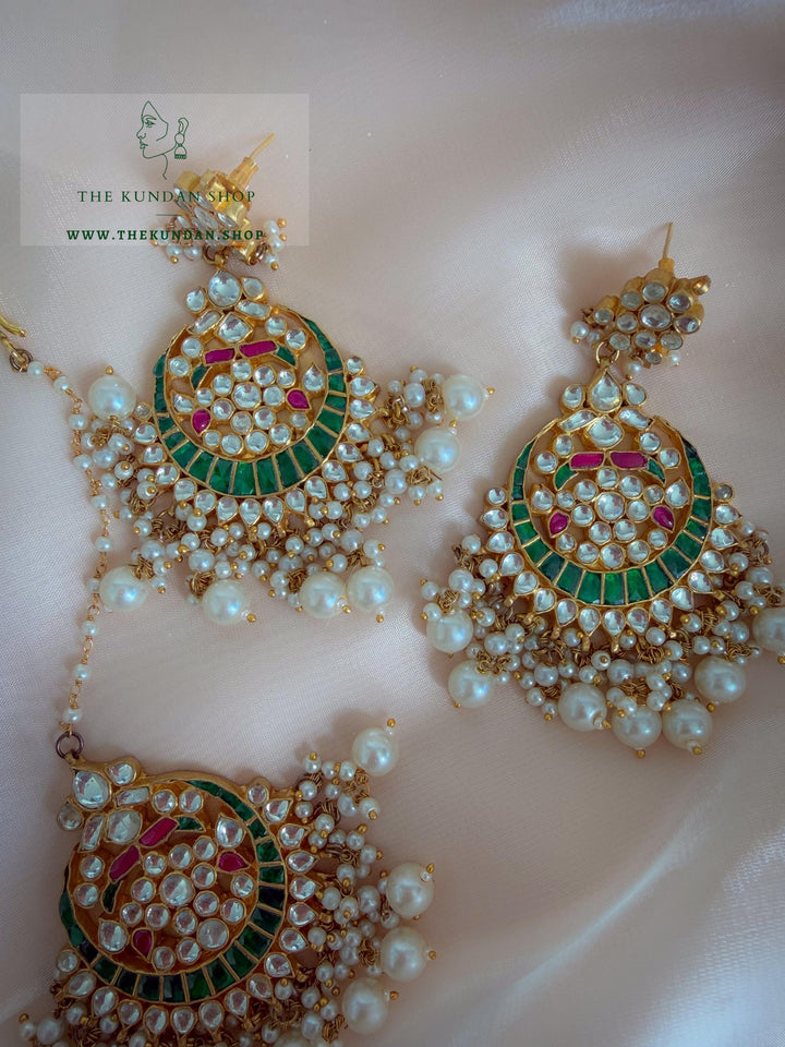Persistence in Pink &amp; Green Earrings + Tikka THE KUNDAN SHOP 
