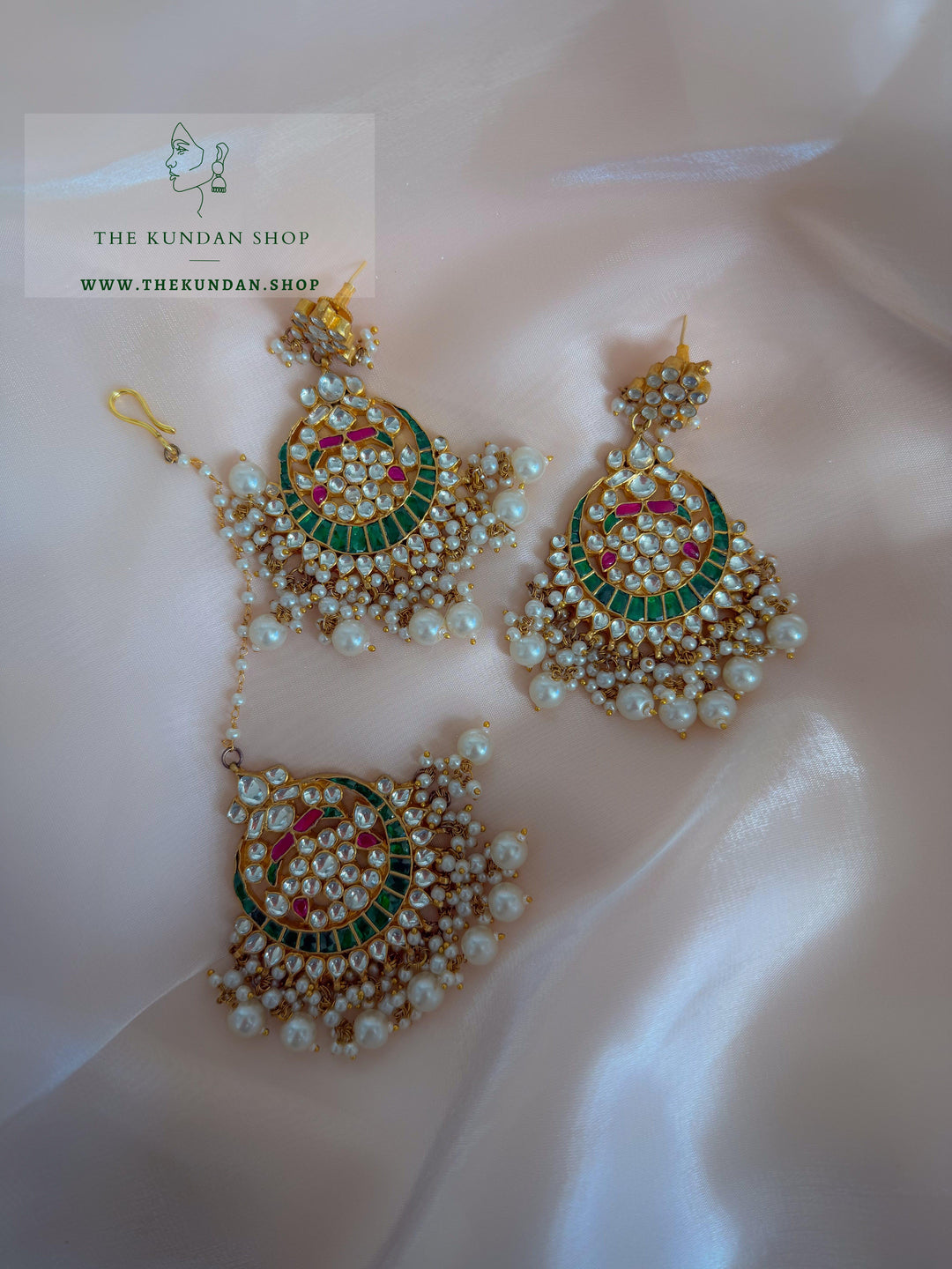 Persistence in Pink &amp; Green Earrings + Tikka THE KUNDAN SHOP 