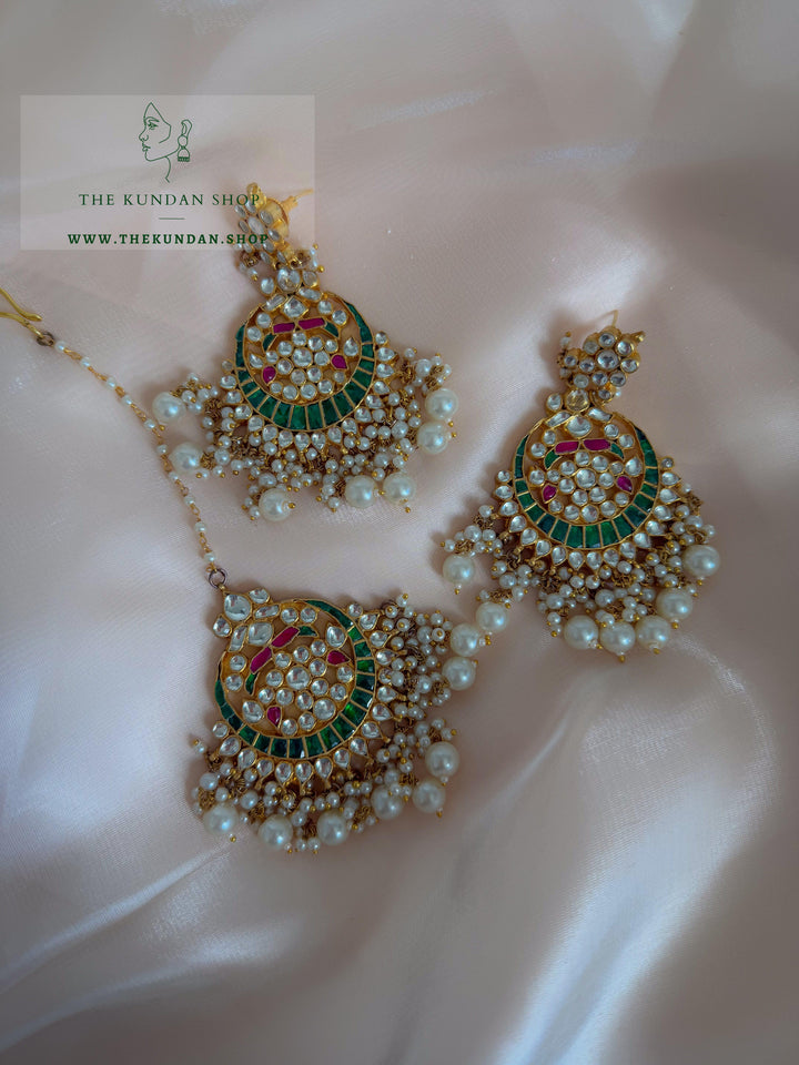 Persistence in Pink &amp; Green Earrings + Tikka THE KUNDAN SHOP 