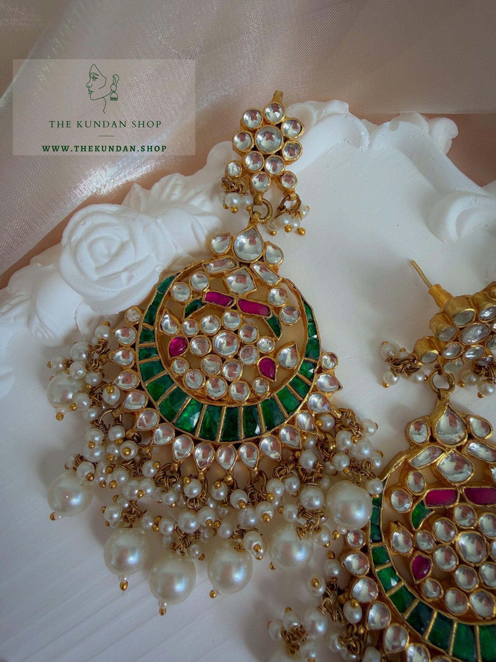 Persistence in Pink & Green Earrings + Tikka THE KUNDAN SHOP 