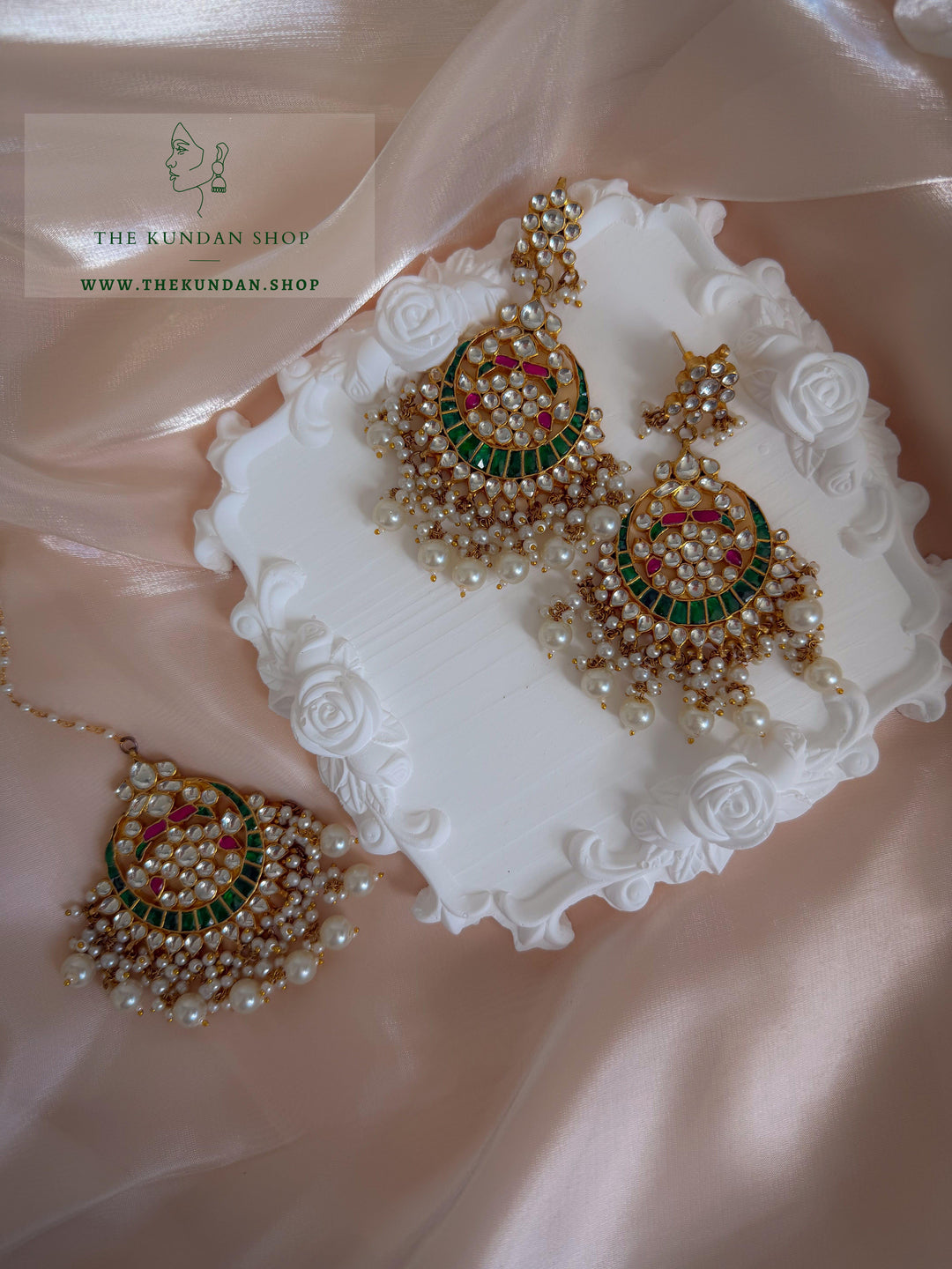 Persistence in Pink &amp; Green Earrings + Tikka THE KUNDAN SHOP 