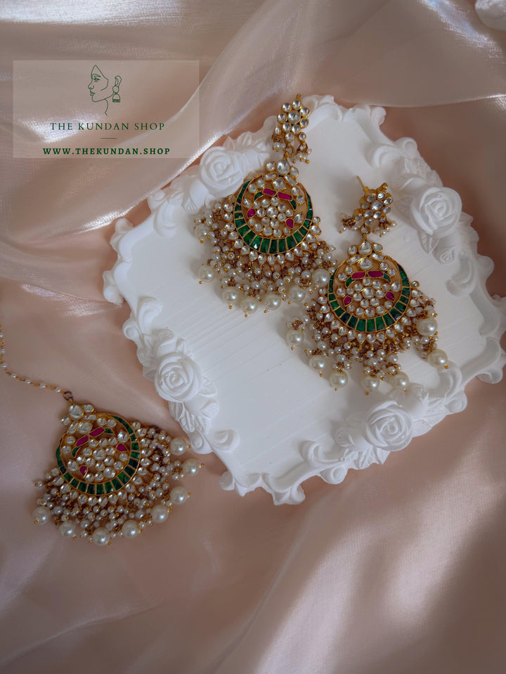 Persistence in Pink &amp; Green Earrings + Tikka THE KUNDAN SHOP 