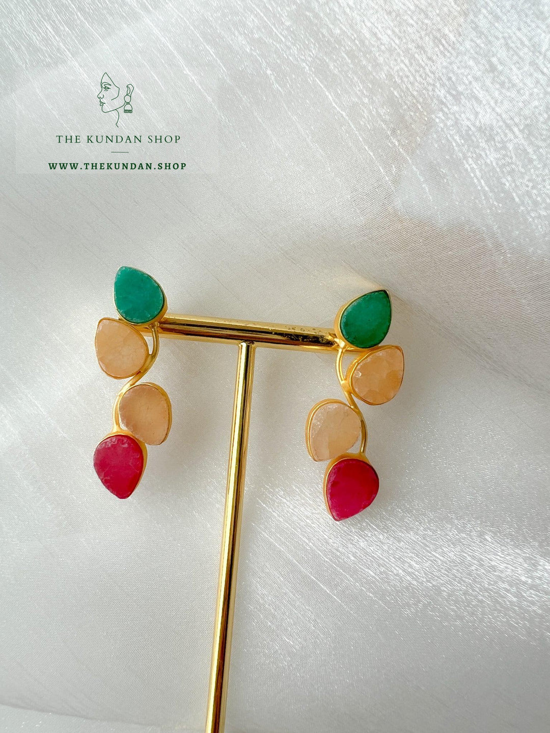 Teardrop Stones Earrings THE KUNDAN SHOP Green + Pink 