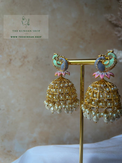 Moorni Cage Jhumkis Earrings THE KUNDAN SHOP Grey & Mint 