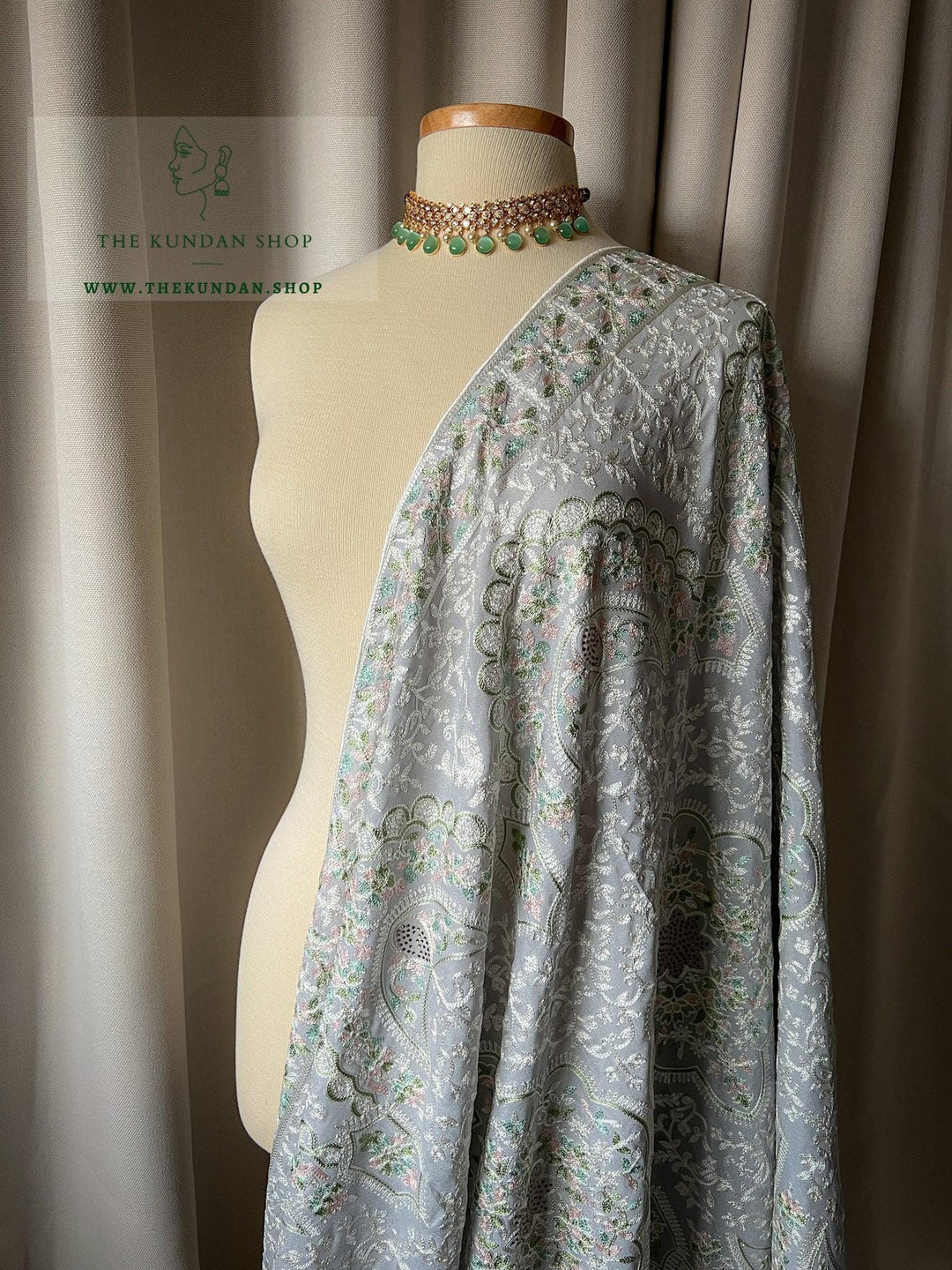 White Threads & Pastels in Grey Dupatta THE KUNDAN SHOP 