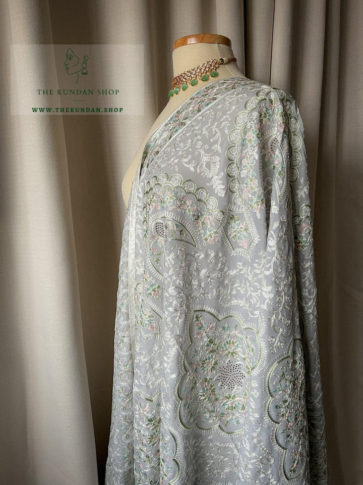 White Threads & Pastels in Grey Dupatta THE KUNDAN SHOP 