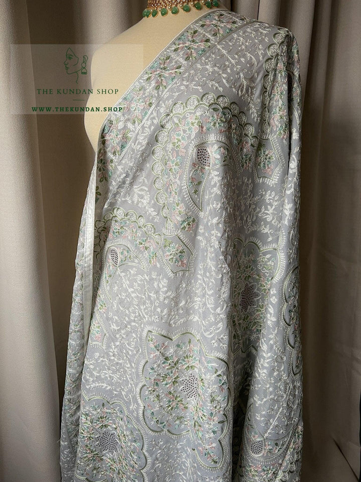 White Threads & Pastels in Grey Dupatta THE KUNDAN SHOP 