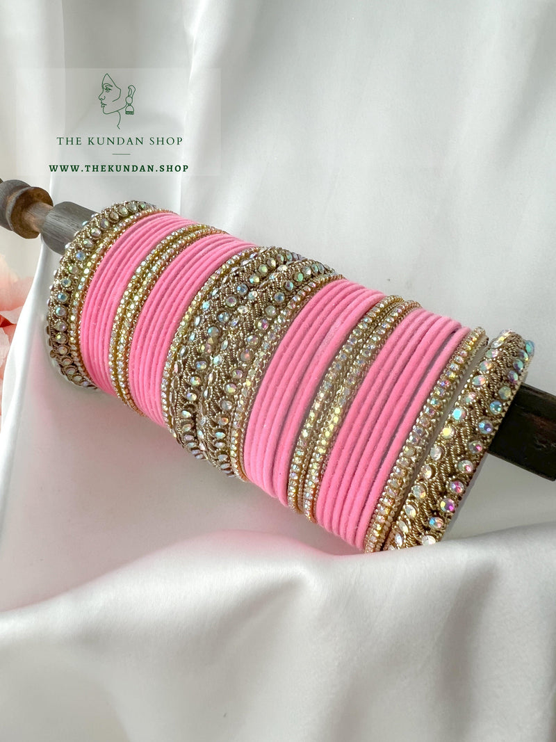 Iridescent Stones & Velvet in Hot PInk Bangles THE KUNDAN SHOP 