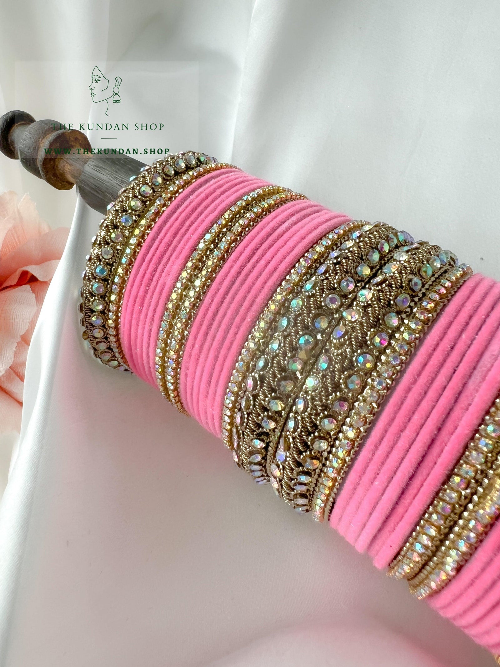 Iridescent Stones & Velvet in Hot PInk Bangles THE KUNDAN SHOP 