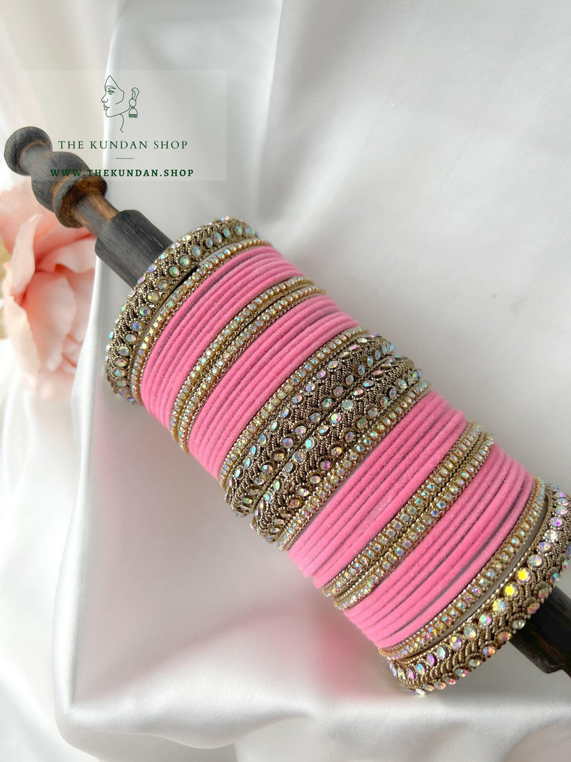Iridescent Stones & Velvet in Hot PInk Bangles THE KUNDAN SHOP 