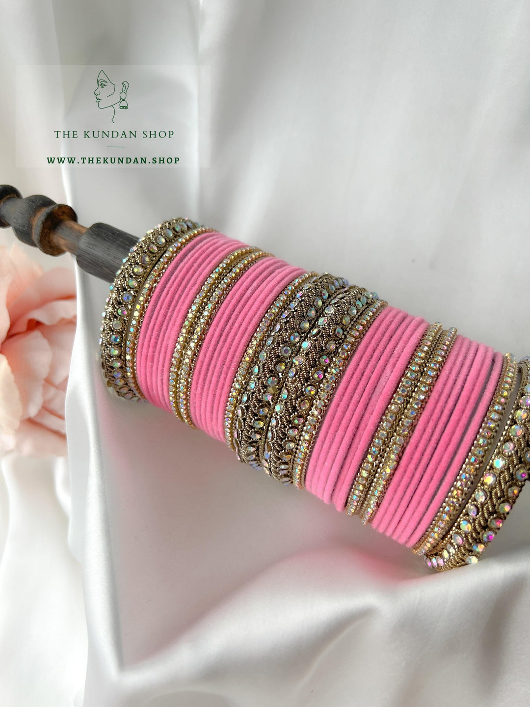 Iridescent Stones & Velvet in Hot PInk Bangles THE KUNDAN SHOP 