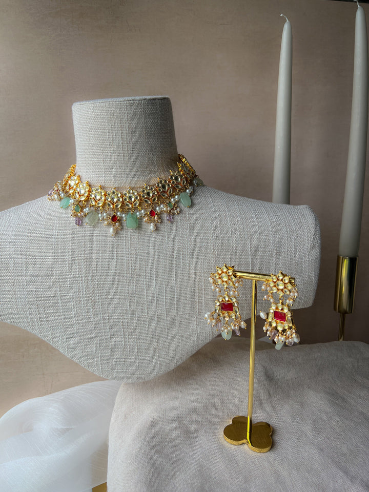 The Floral Pastel in Sage Necklace Sets THE KUNDAN SHOP 