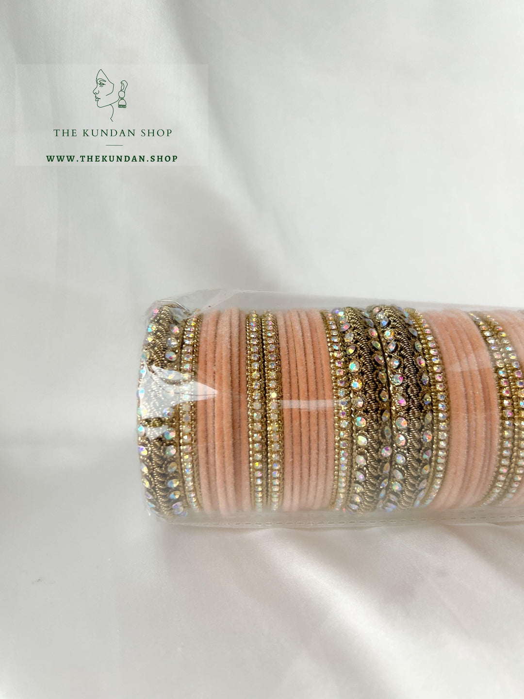 Iridescent Stones &amp; Velvet in Light Peach Bangles THE KUNDAN SHOP 