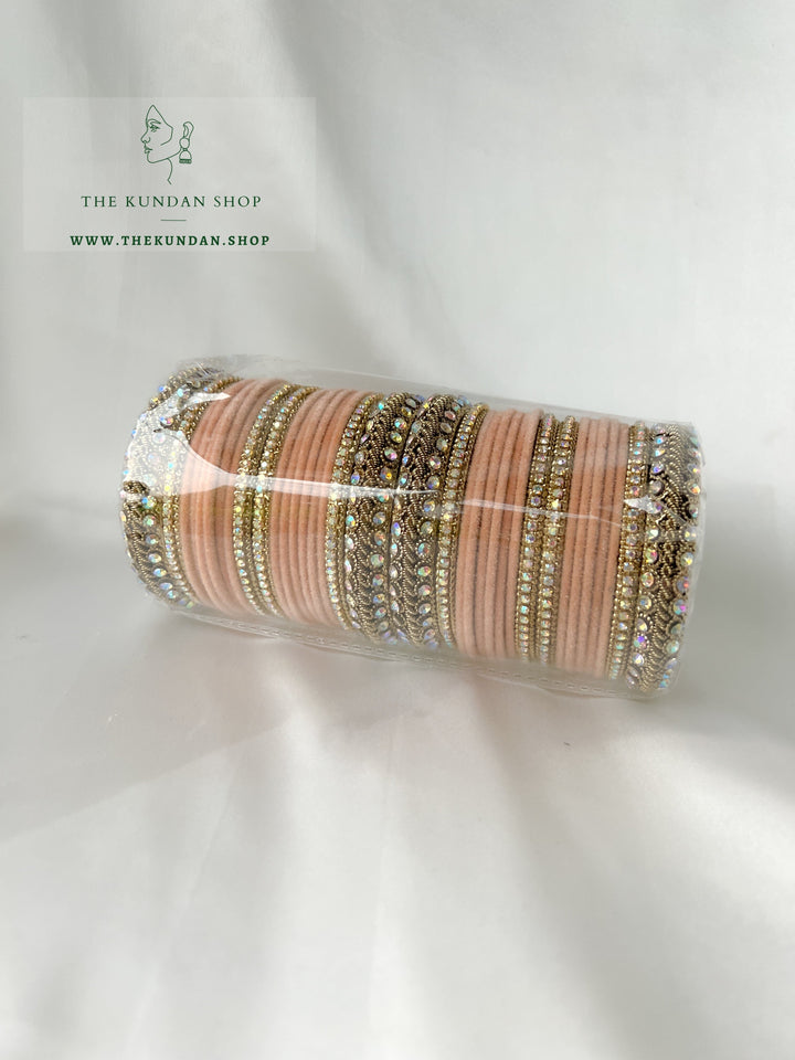 Iridescent Stones &amp; Velvet in Light Peach Bangles THE KUNDAN SHOP 