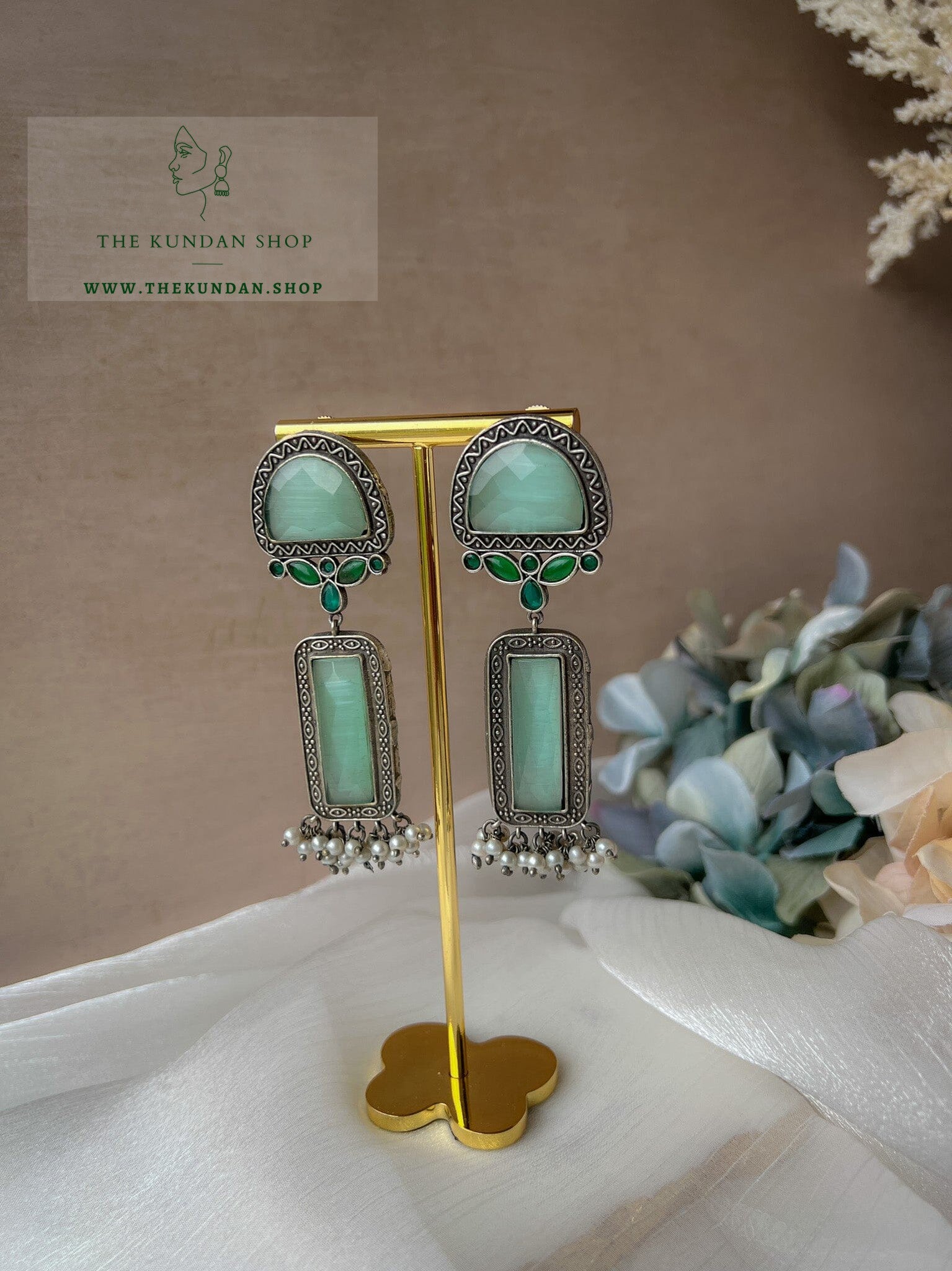 Long Drops in Oxidized Earrings THE KUNDAN SHOP Mint 
