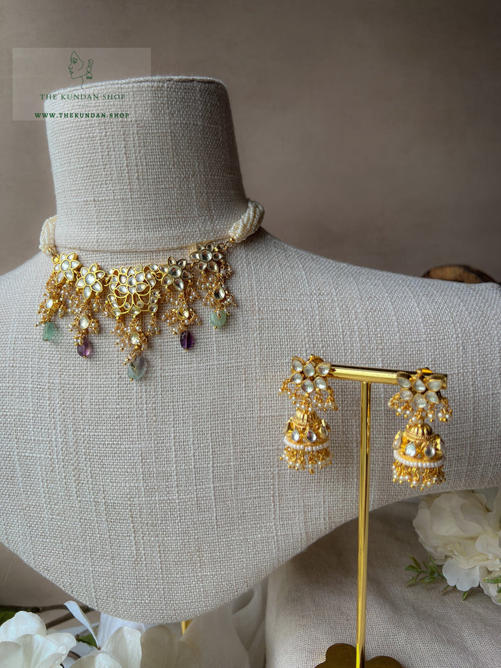Lotus Kundan in Sage & Purple Necklace Sets THE KUNDAN SHOP 
