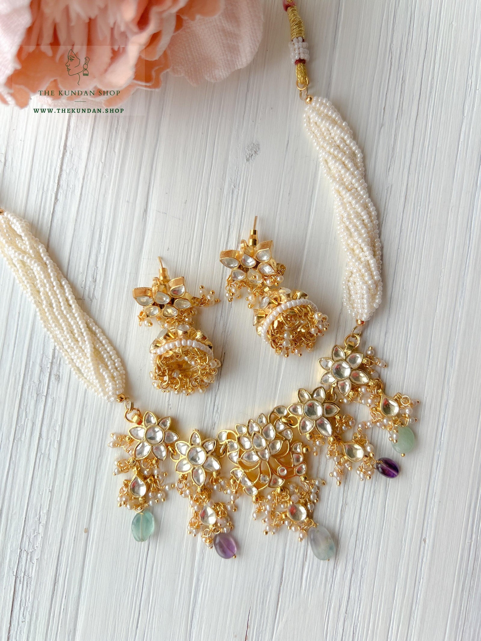 Lotus Kundan in Sage & Purple Necklace Sets THE KUNDAN SHOP 
