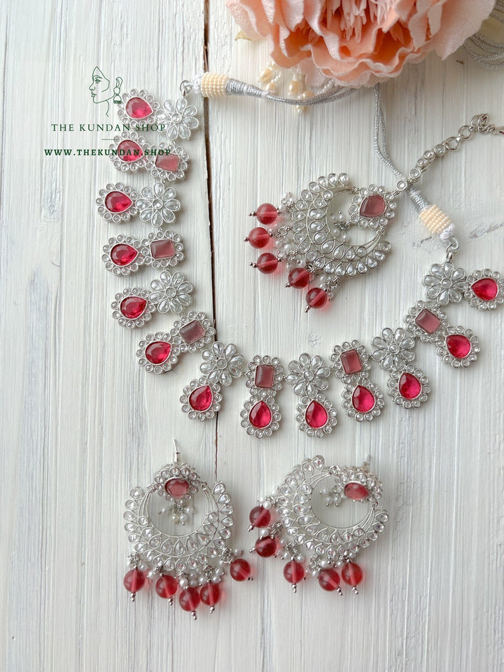 Heavenly Silver in Magenta Pink Necklace Sets THE KUNDAN SHOP 