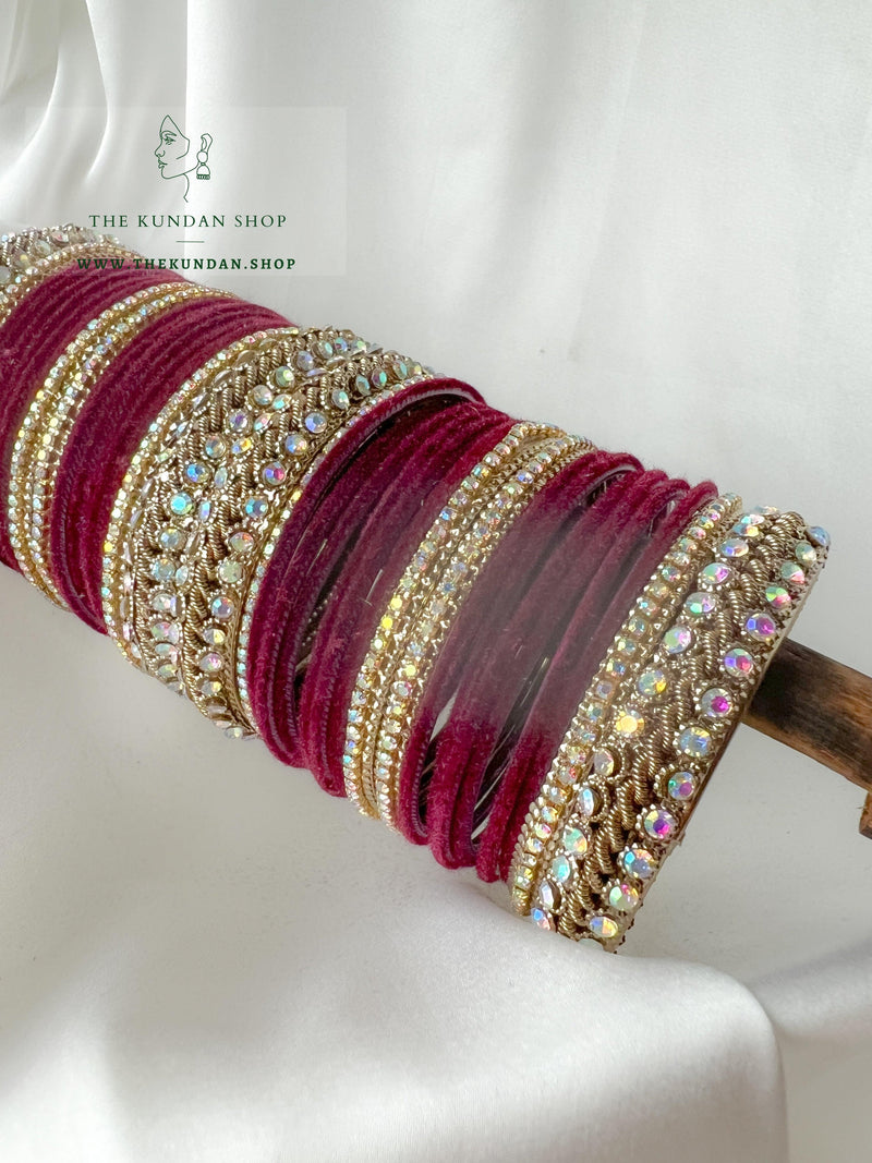 Iridescent Stones & Velvet in Maroon Bangles THE KUNDAN SHOP 