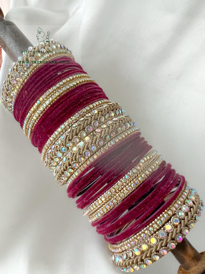 Iridescent Stones & Velvet in Maroon Bangles THE KUNDAN SHOP 