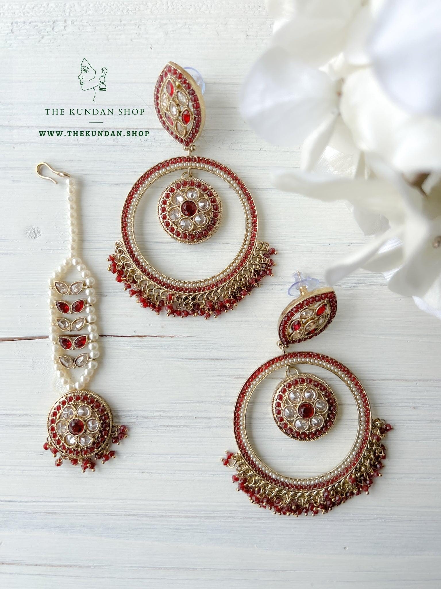 Ardent in Ruby Earrings + Tikka THE KUNDAN SHOP 