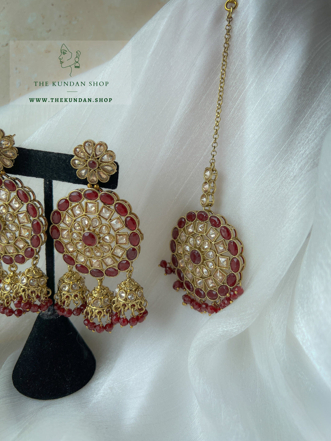 Willing in Maroon Earrings + Tikka THE KUNDAN SHOP 