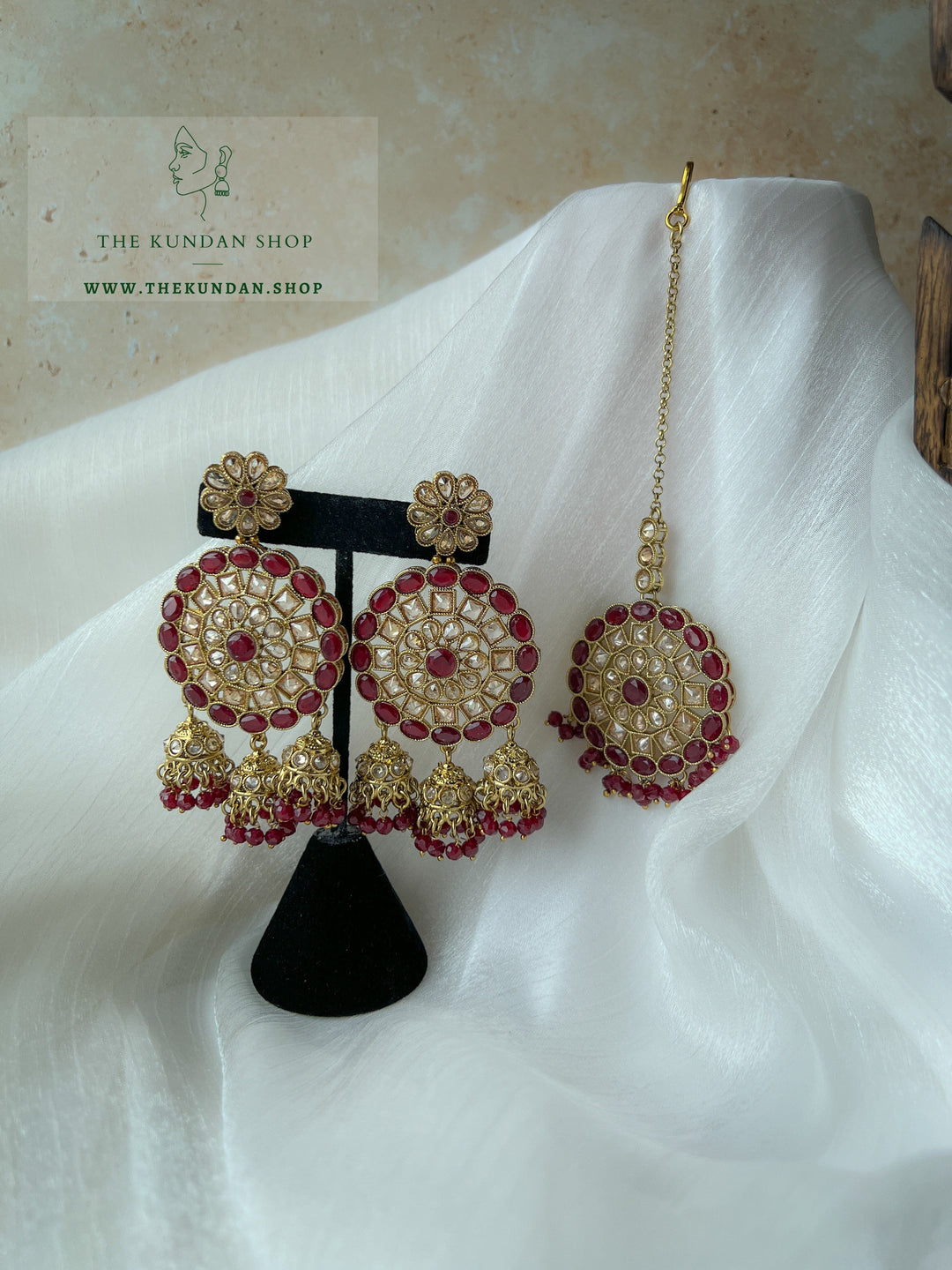 Willing in Maroon Earrings + Tikka THE KUNDAN SHOP 