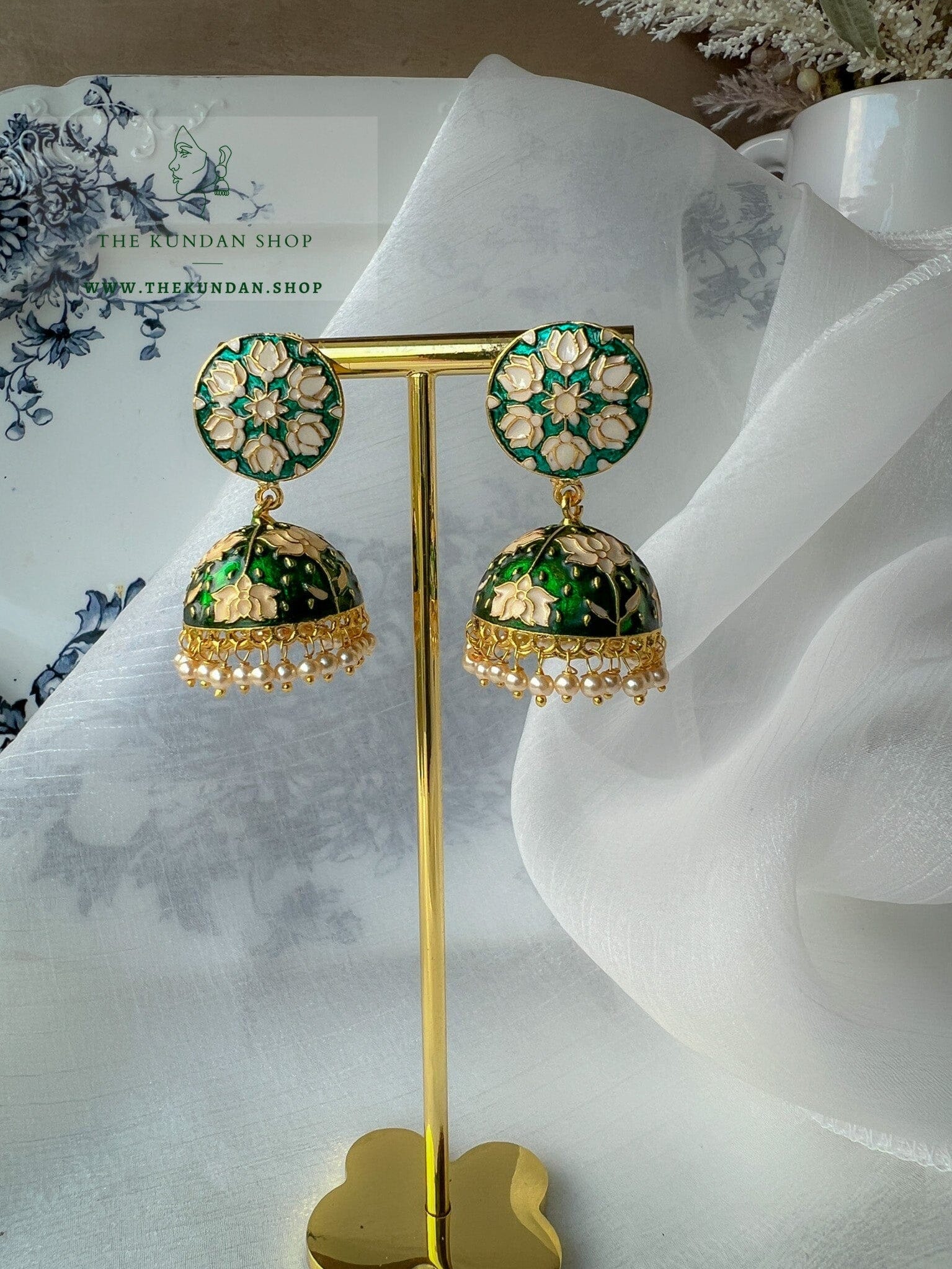 White Lotus in Meena Earrings THE KUNDAN SHOP 