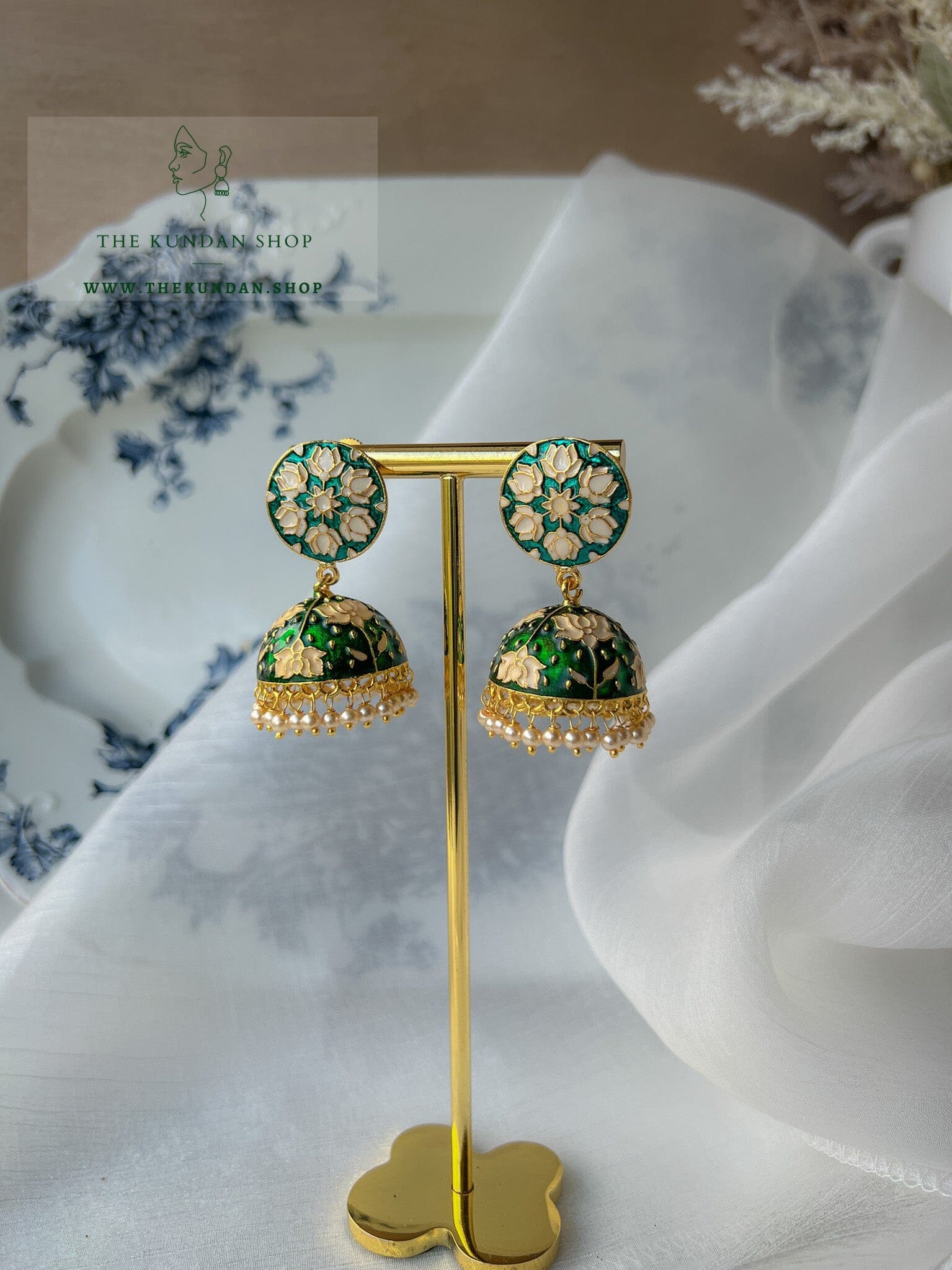 White Lotus in Meena Earrings THE KUNDAN SHOP Green 
