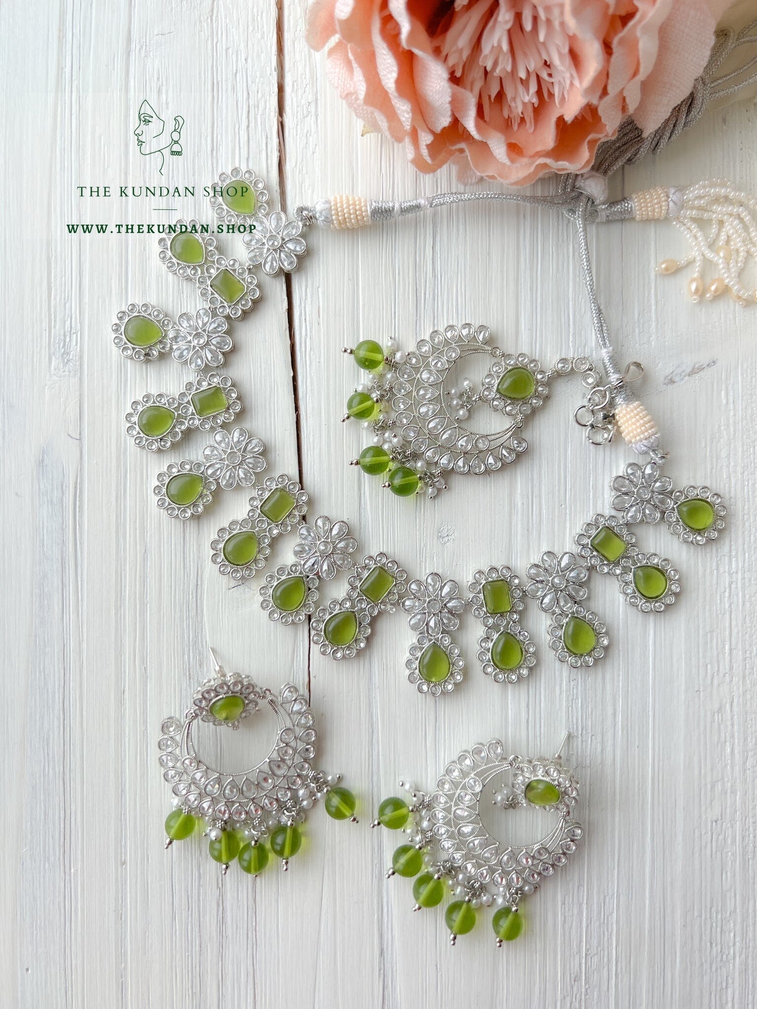 Heavenly Silver in Mehendi Green Necklace Sets THE KUNDAN SHOP 