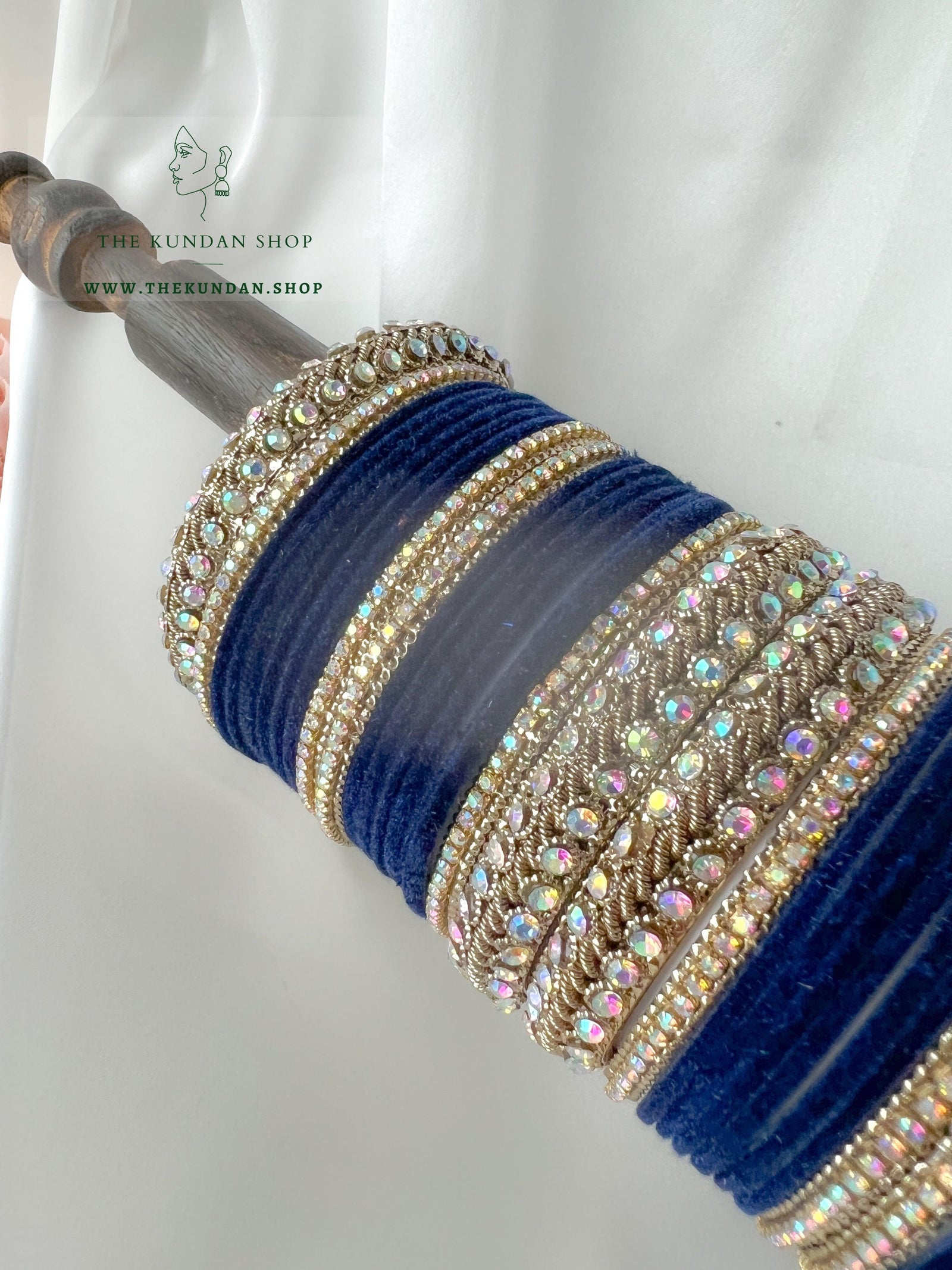 Iridescent Stones & Velvet in Midnight Blue Bangles THE KUNDAN SHOP 