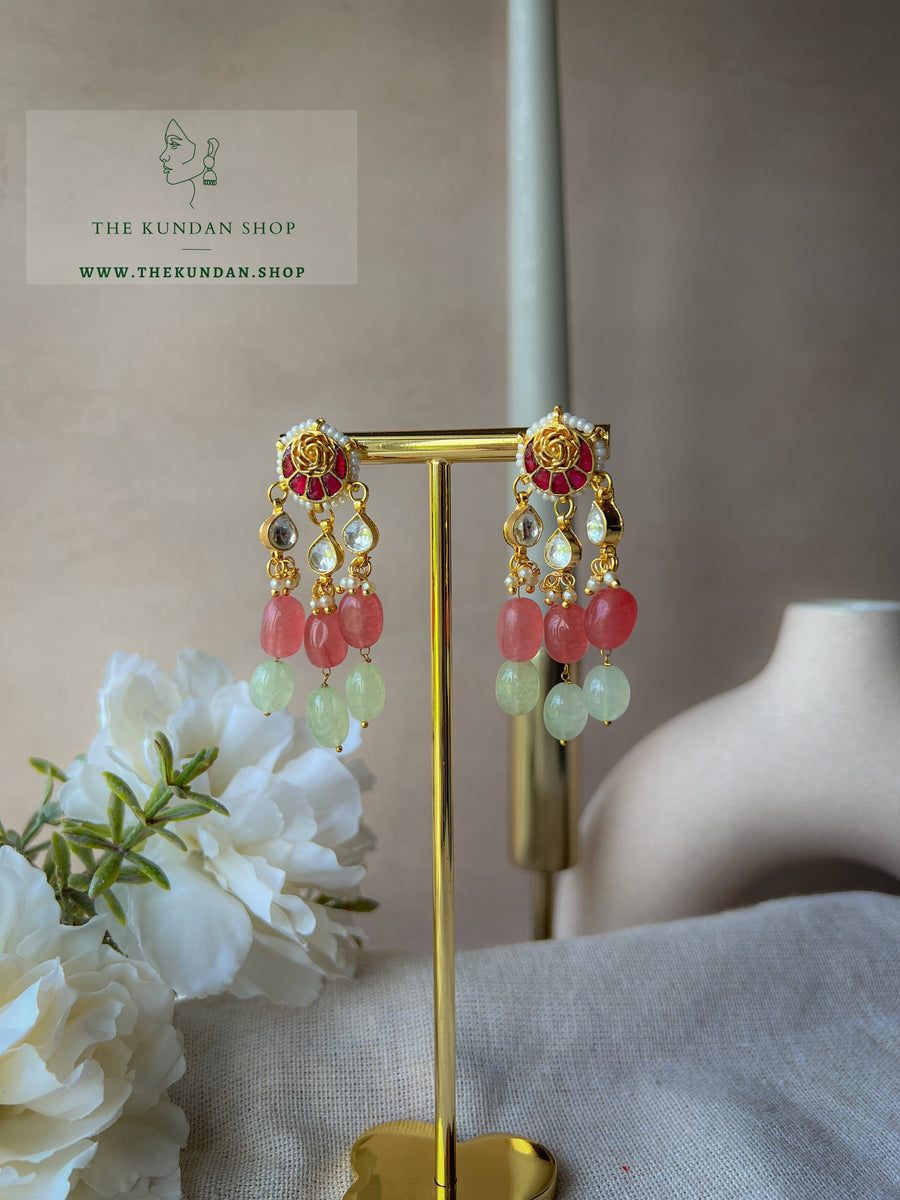 Rose Chaand Drops Earrings THE KUNDAN SHOP Coral Mint 