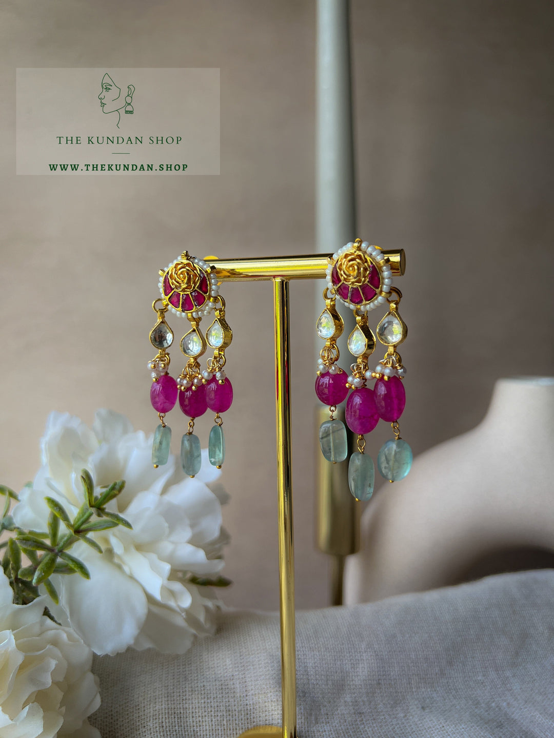 Rose Chaand Drops Earrings THE KUNDAN SHOP Raspberry Pink Sage 