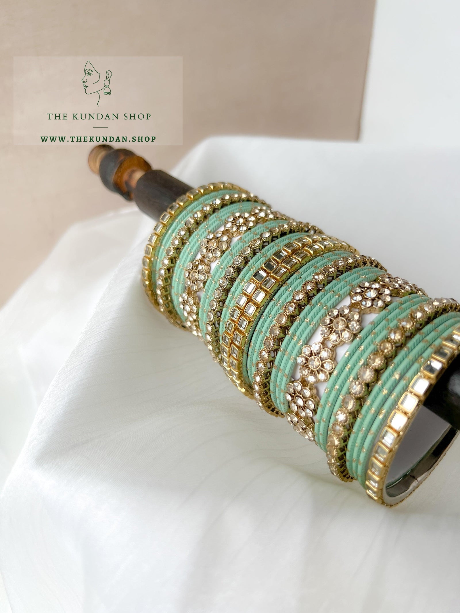 Floral Stones in Mint Bangles THE KUNDAN SHOP 