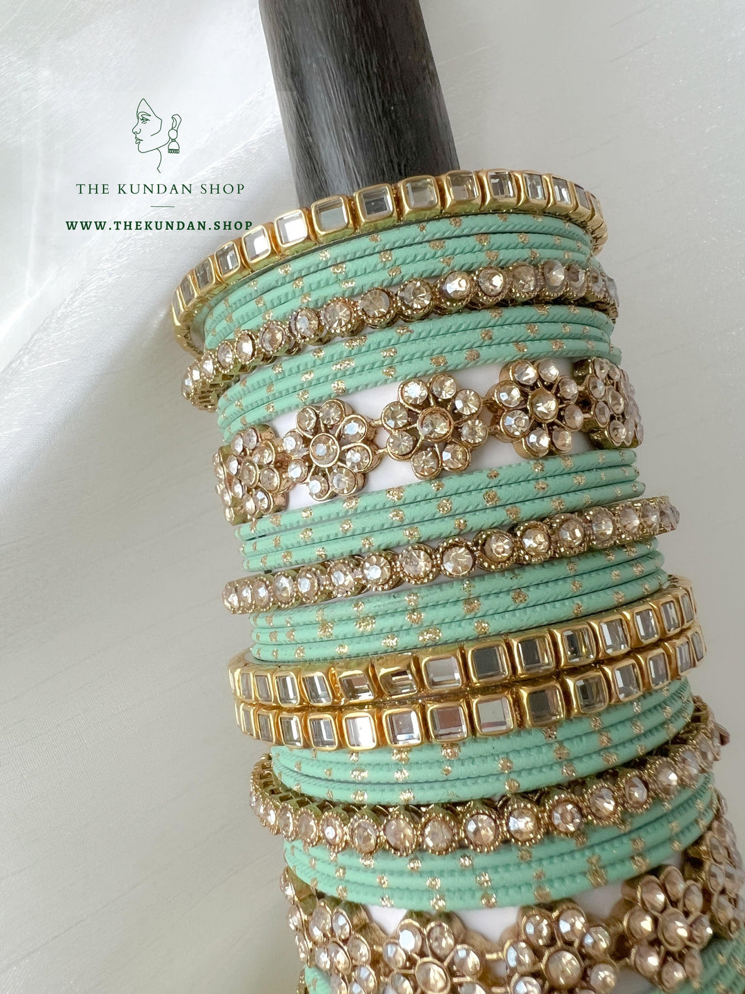 Floral Stones in Mint Bangles THE KUNDAN SHOP 