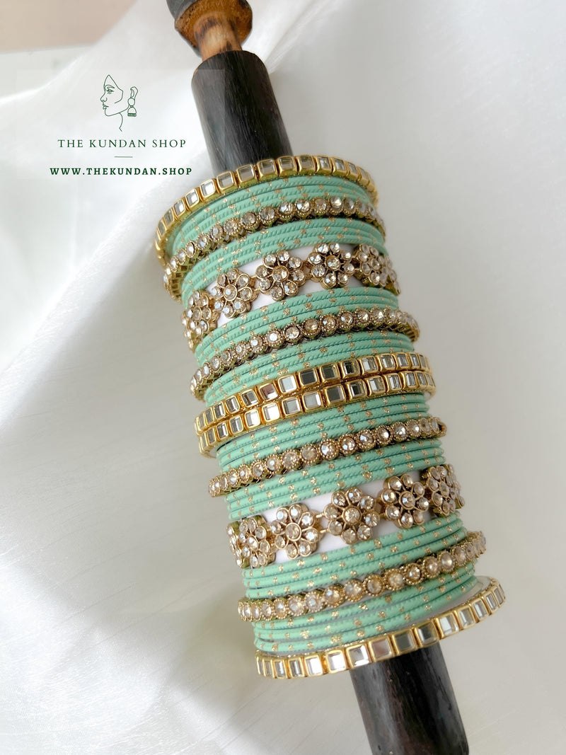 Floral Stones in Mint Bangles THE KUNDAN SHOP 