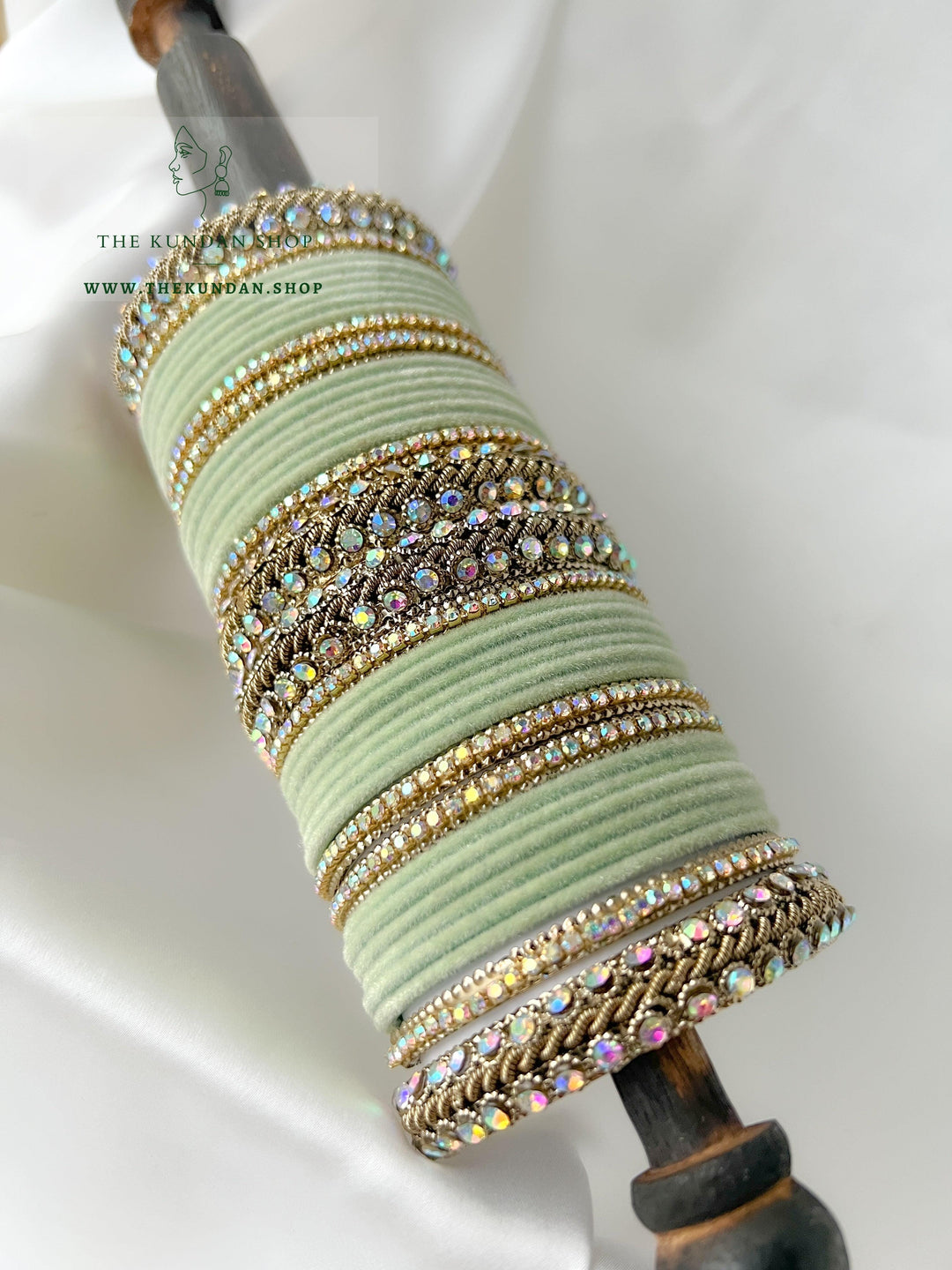 Iridescent Stones &amp; Velvet in Mint Bangles THE KUNDAN SHOP 